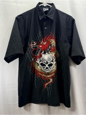 Authentic Shaolin Boys Button Up Shirt with Red Dragon & Skull Graphic Size XL